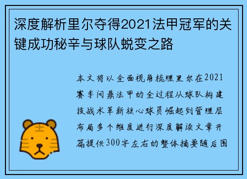 深度解析里尔夺得2021法甲冠军的关键成功秘辛与球队蜕变之路