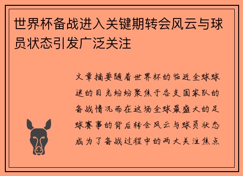 世界杯备战进入关键期转会风云与球员状态引发广泛关注