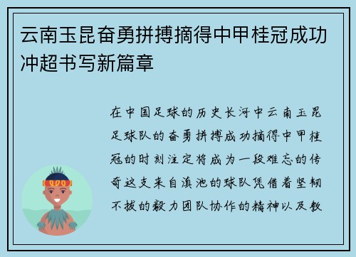 云南玉昆奋勇拼搏摘得中甲桂冠成功冲超书写新篇章