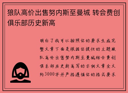 狼队高价出售努内斯至曼城 转会费创俱乐部历史新高